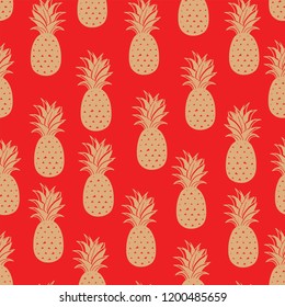 Gold Pineapple fruits seamless pattern in Red background vector format.
