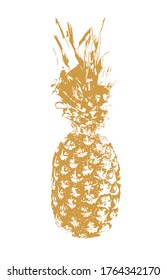 Gold pineapple. Golden hand drawn silhouette pineapple isolated on white background. Doodle style tropical summer design. Outline line ananas. Fresh fruit print. Drawing hawaii decoration. Vector
