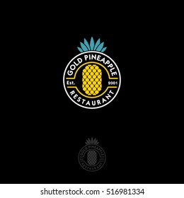 Gold pineapple logo. Restaurant emblem. Pineapple with letters in a circle on a dark background. Stamp logo.