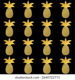 Gold pineapple on black background seamless pattern with. Golden tropical fruit.  Vector template for fabric, textile, wallpaper, wrapping paper, scrapbooking, etc