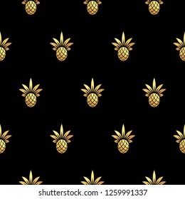 Gold pineapple royal seamless vector pattern on black background. Stylish and elegant minimalistic design.