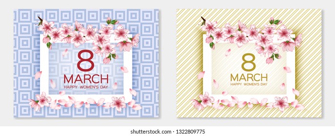 Gold pink 8 March Happy Women's Day vector cards set. Japanese cherry blossom pink sakura flowers frames. Tender greeting cards with sakura branch tree flowers bloom. March 8 women's day design.