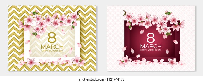 Gold pink 8 March Happy Women's Day vector cards set. Japanese cherry blossom pink sakura flowers frames. Tender greeting cards with sakura branch tree flowers bloom. March 8 women's day design.