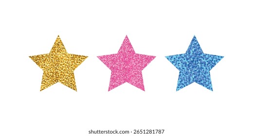 Gold Pink Blue Glitter Stars Trio Isolated on White Festive Decoration