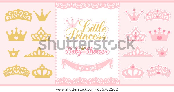 Gold and pink crowns set. Little\
princess design elements. Template silhouettes of crowns for laser\
cutting. Birthday party and girl baby shower decor.\
