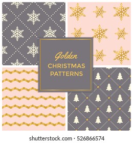 Gold Pink Festive seamless pattern collection - snowflakes, christmas trees and zigzag patterns in gold, grey and cinderella pink