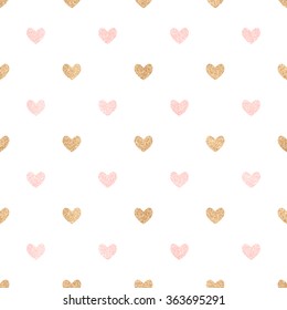 Gold and pink hearts on a white backdrop. Cute seamless background Valentine's Day. Decorating for a wedding, birthday.