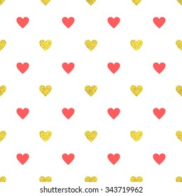 Gold and pink hearts seamless vector pattern.