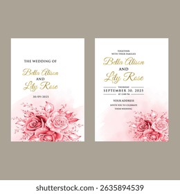 Gold pink invite wedding card design vector. Invitation design for wedding invitation card, , beauty flower Image frame,with black  art decoration. Water color frame design. vector illustration.