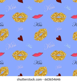 Gold and pink lips seamless pattern with little hearts and KISS word on blue background.