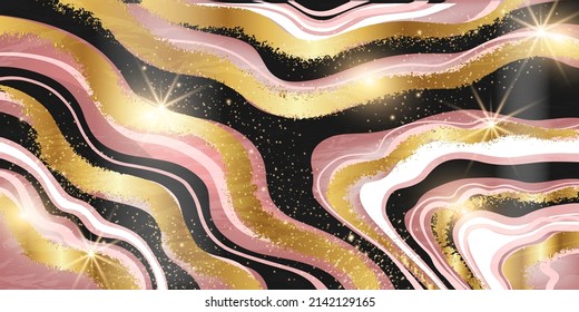 Gold pink marble background, abstract luxury liquid vector texture, shiny elegant stone surface. Modern wave rock cut wallpaper, interior decor design, golden glitter. Pink marble banner backdrop