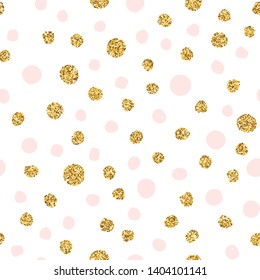 Gold and pink polka dot glitter seamless pattern. Vector endless background with confetti. Cute Circles pattern. Gold metal foil background. For wrapping paper and fabric print.