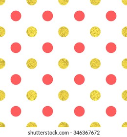 Gold and pink polka dot seamless vector pattern.