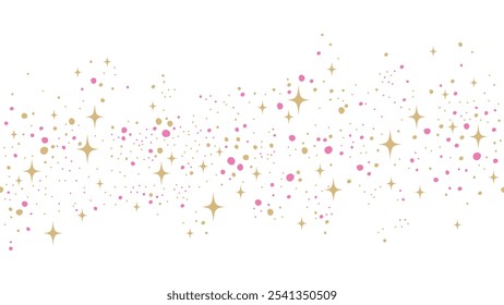 Gold and pink stars and dots seamless border. Flying gold sparkles confetti isolated on white background.Christmas stars background.