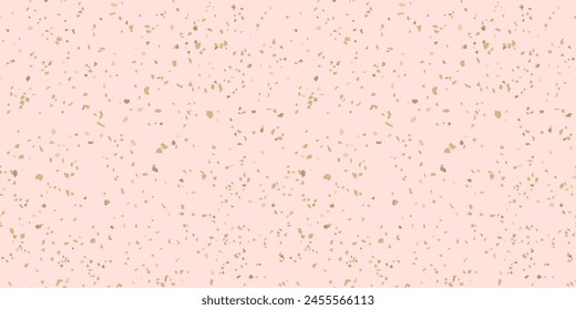 Textura de suelo de terrazo dorado y rosa. Patrón sin costuras de Vector con fondo de confeti de lámina de oro disperso caótico. Superficie de piso de mosaico de lujo. Diseño de grunge de moda para la decoración, papel de regalo, impresión