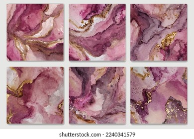 Gold and pink waves abstract background set. Fluid splash, swirl, marble.