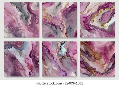 Gold and pink waves abstract background set. Fluid splash, swirl, marble.