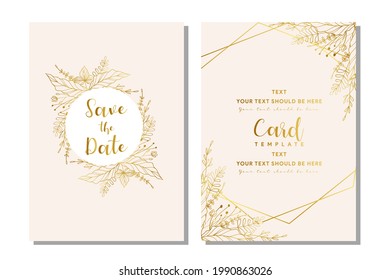 gold and pink wedding invitation design with tropical plant outline