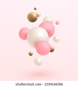 Gold, pink and white 3D balls. Vector illustration. Abstract modern design.