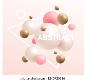 Gold, pink and white 3D balls. Vector illustration. Abstract modern design.
