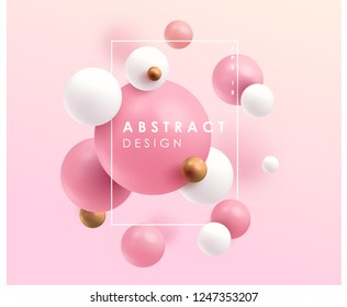 Gold, pink and white 3D balls. Vector illustration. Abstract modern design.