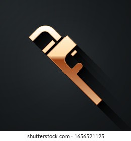 Gold Pipe adjustable wrench icon isolated on black background. Long shadow style. Vector Illustration
