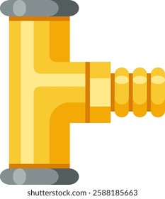 Gold pipe fitting with t shaped branching and threaded end for connecting pipes, symbolizing plumbing systems, water supply, and industrial applications