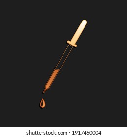 Gold Pipette icon isolated on black background. Element of medical, chemistry lab equipment. Pipette with drop. Medicine symbol. Long shadow style. Vector.