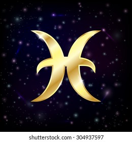 Gold Pisces sign on a starry sky background