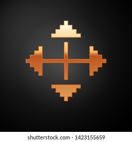 Gold Pixel arrows in four directions icon isolated on black background. Cursor move sign.  Vector Illustration