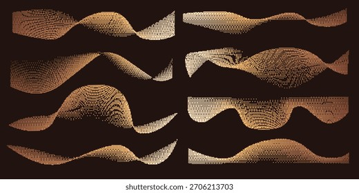 Gold Pixel Dither Gradient Wave Vector Set with Abstract Flowing Halftone Lines