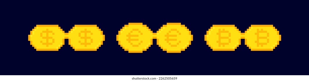 Gold pixel glasses with dollar euro and bitcoin isolated on dark background. Like a boss meme. Mafia gangster funky logo. Vector illustration graphic design.