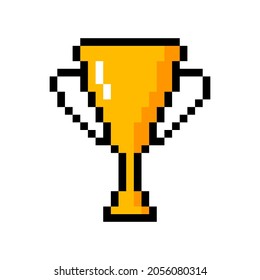 Gold pixel goblet icon. Symbol of winner and first place in an 8bit game. Champion award and leadership in business competitions. Best achievement and vector progress