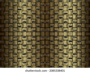 Patrón sin fisuras de media tonalidad de píxel dorado 3d. Fondo de media tonalidad dorado a cuadros. Fondo de repetición pixelado moderno. Ornamentos cuadrados de lujo. Diseño geométrico moderno. Textura interminable de mosaico ornamentado.
