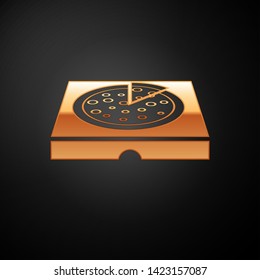 Gold Pizza in cardboard box icon isolated on black background. Box with layout elements. Vector Illustration