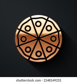 Gold Pizza icon isolated on black background. Fast food menu. Long shadow style. Vector Illustration