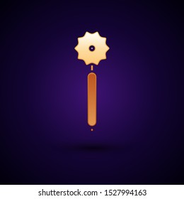 Gold Pizza knife icon isolated on dark blue background. Pizza cutter sign. Steel kitchenware equipment.  Vector Illustration