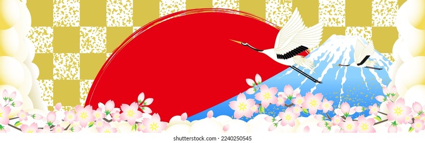 gold plaid background and
Mt. Fuji, cranes and cherry blossoms seen between clouds
Horizontally long background material.