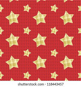 Gold plaid stars scattered over red background with knitted texture, seamless pattern included ( for high res JPEG or TIFF see image 118443454 )