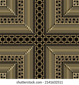 Gold plaid tartan seamless pattern. Greek ornamental beautiful vector background. Modern repeat luxury backdrop. Square frames, borders, stripes, dotted lines. Elegant greek key meanders ornaments.