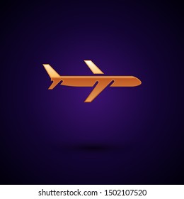 Gold Plane icon isolated on dark blue background. Flying airplane icon. Airliner sign.  Vector Illustration