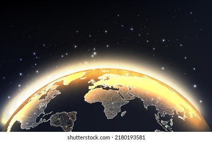 Gold Planet Earth globe map view from space concept banner in futuristic glowing style on black 