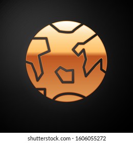 Gold Planet Earth icon isolated on black background.  Vector Illustration