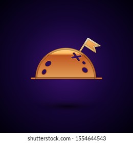 Gold Planet with flag icon isolated on dark blue background.  Vector Illustration