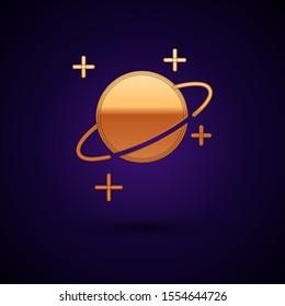 Gold Planet icon isolated on dark blue background.  Vector Illustration