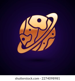 Gold Planet Saturn with planetary ring system icon isolated on black background.  Vector Illustration