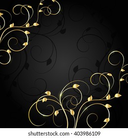 Gold plant pattern with shadow on dark background. Vector illustration.