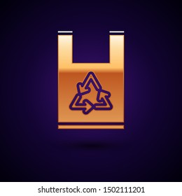 Gold Plastic bag with recycle icon isolated on dark blue background. Bag with recycling symbol.  Vector Illustration