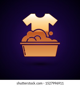 Gold Plastic basin with soap suds icon isolated on dark blue background. Bowl with water. Washing clothes, cleaning equipment.  Vector Illustration