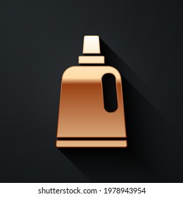 Gold Plastic bottle for laundry detergent, bleach, dishwashing liquid or another cleaning agent icon isolated on black background. Long shadow style. Vector